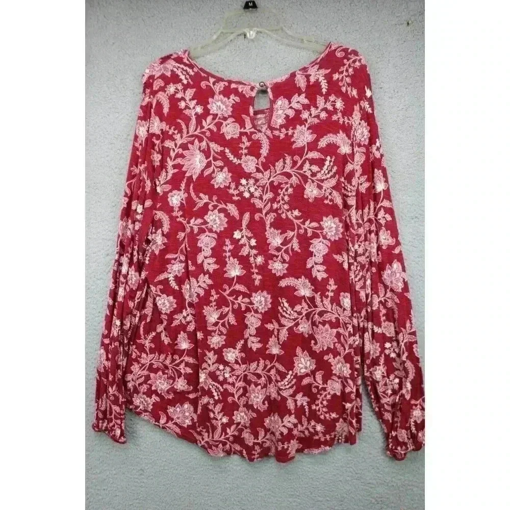 Knox Rose Burgundy Floral Tunic-Size XXL-Long Puff Sleeves-Smocked